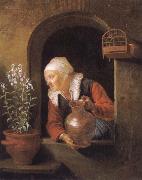 Gerard Dou Old woman at her window,Watering flower oil painting on canvas